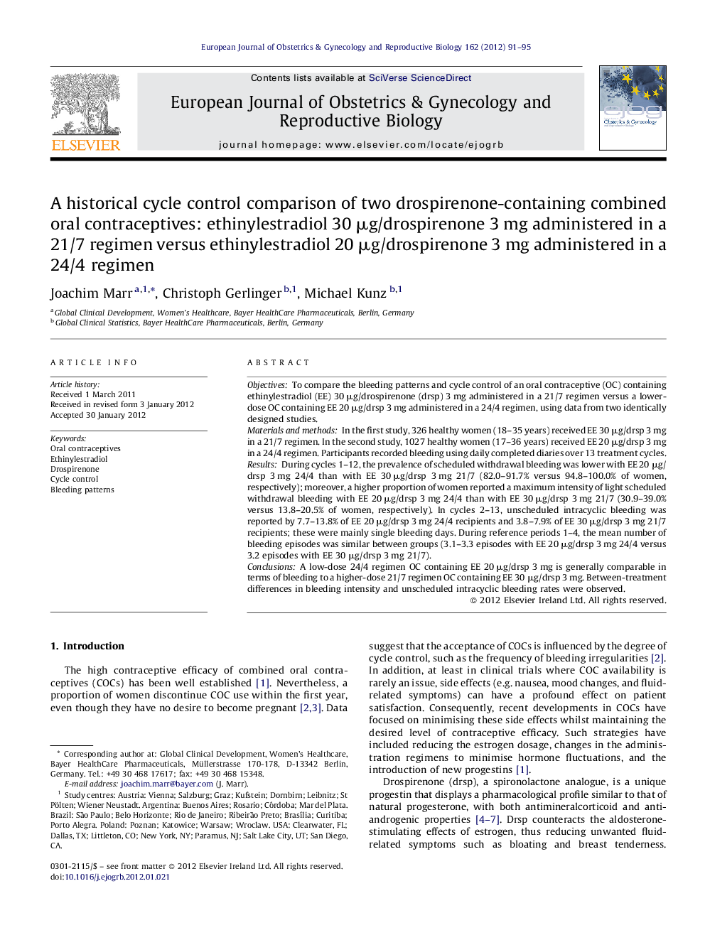 A historical cycle control comparison of two drospirenone-containing combined oral contraceptives: ethinylestradiol 30 μg/drospirenone 3 mg administered in a 21/7 regimen versus ethinylestradiol 20 μg/drospirenone 3 mg administered in a 24/4 regimen