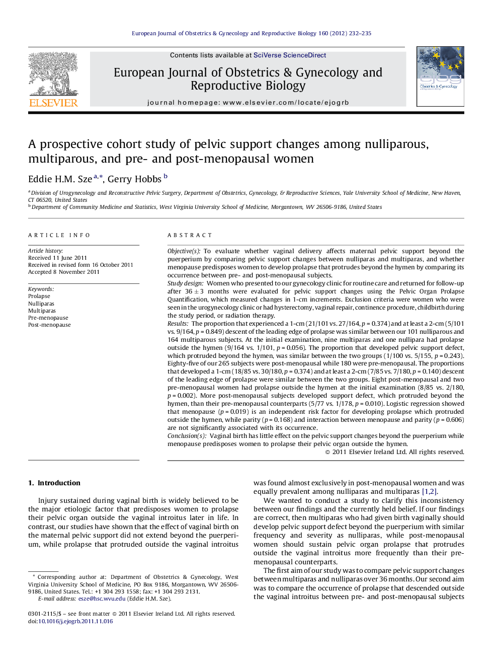 A prospective cohort study of pelvic support changes among nulliparous, multiparous, and pre- and post-menopausal women