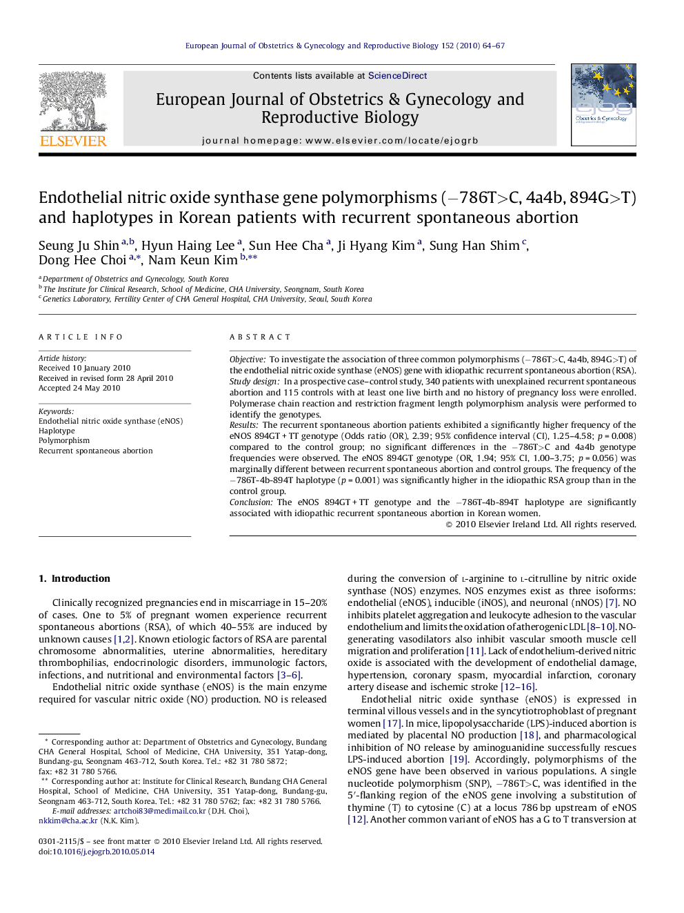 Endothelial nitric oxide synthase gene polymorphisms (−786T>C, 4a4b, 894G>T) and haplotypes in Korean patients with recurrent spontaneous abortion