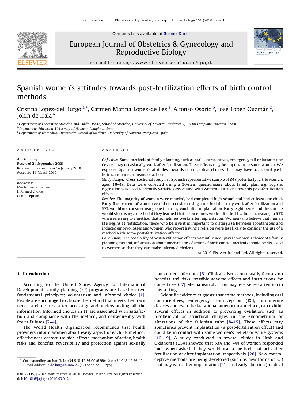 Spanish women's attitudes towards post-fertilization effects of birth control methods