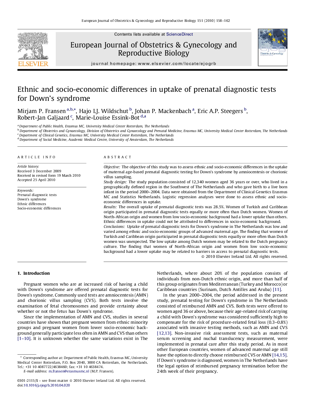 Ethnic and socio-economic differences in uptake of prenatal diagnostic tests for Down's syndrome