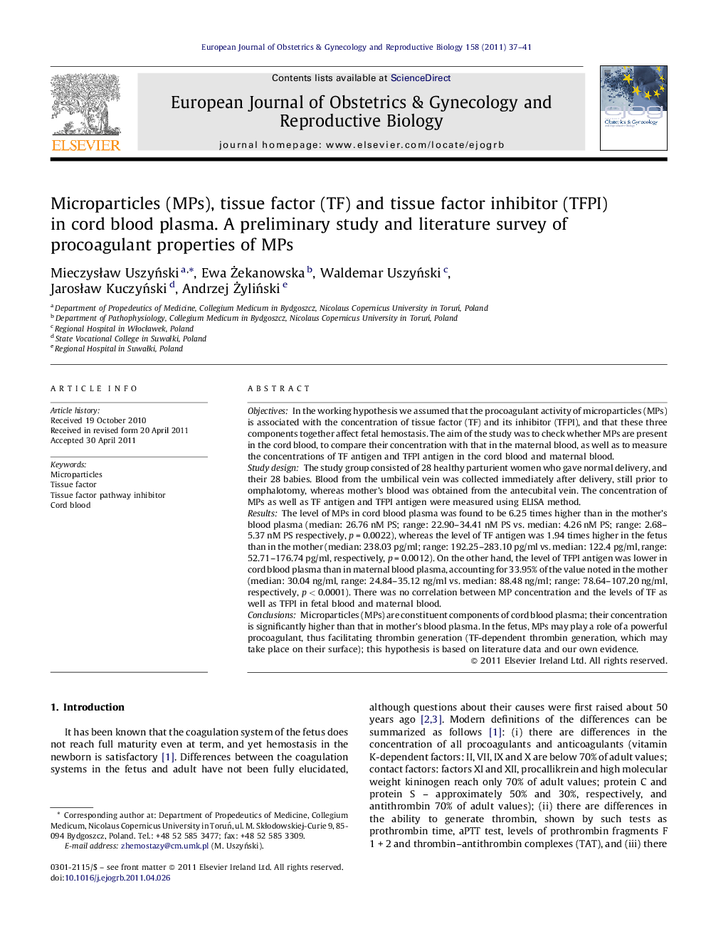 Microparticles (MPs), tissue factor (TF) and tissue factor inhibitor (TFPI) in cord blood plasma. A preliminary study and literature survey of procoagulant properties of MPs