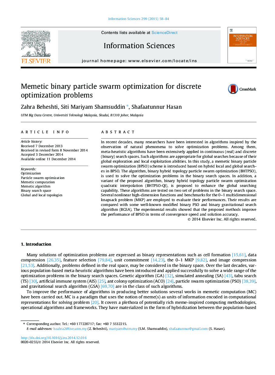 Memetic binary particle swarm optimization for discrete optimization problems