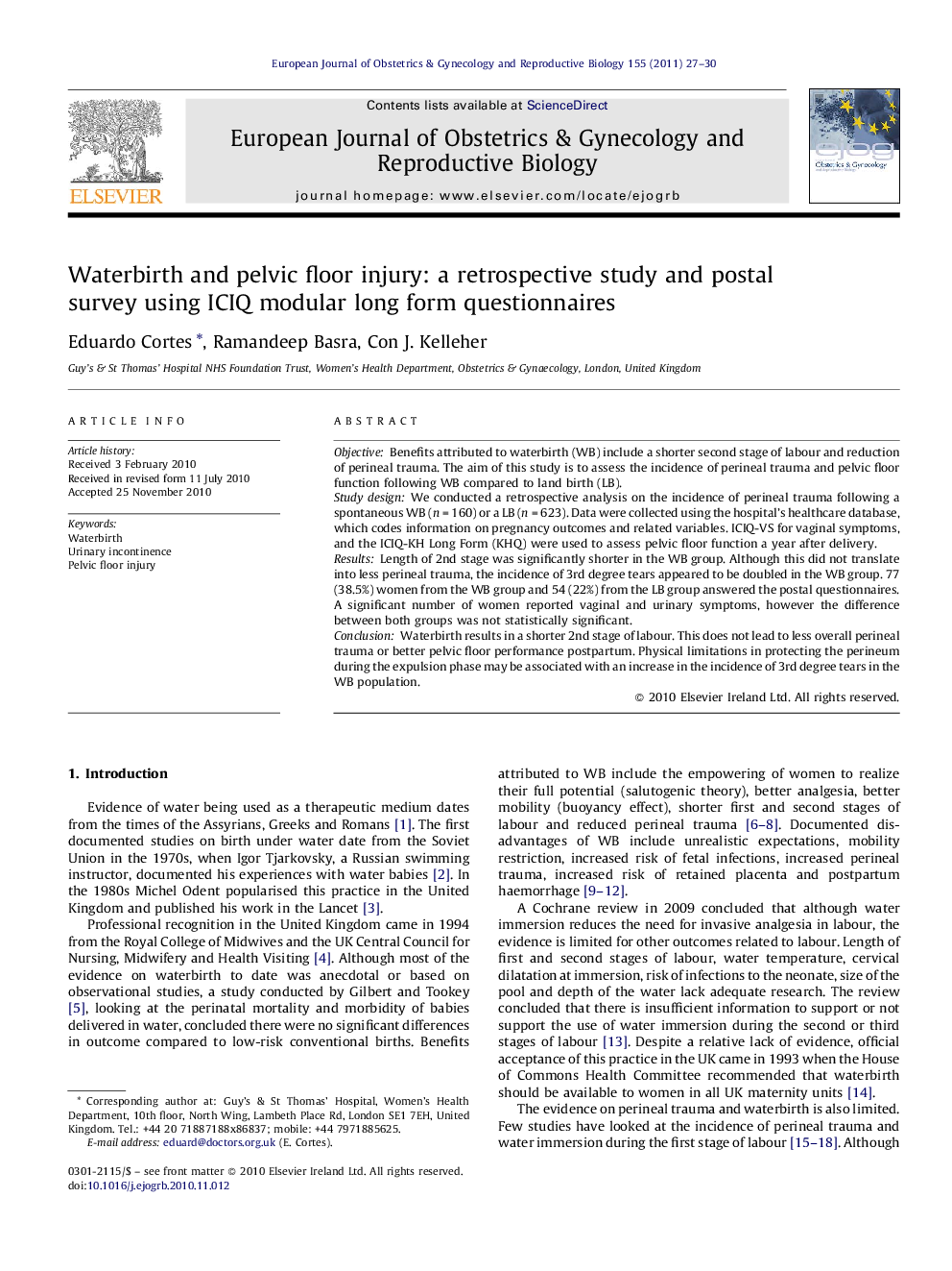 Waterbirth and pelvic floor injury: a retrospective study and postal survey using ICIQ modular long form questionnaires