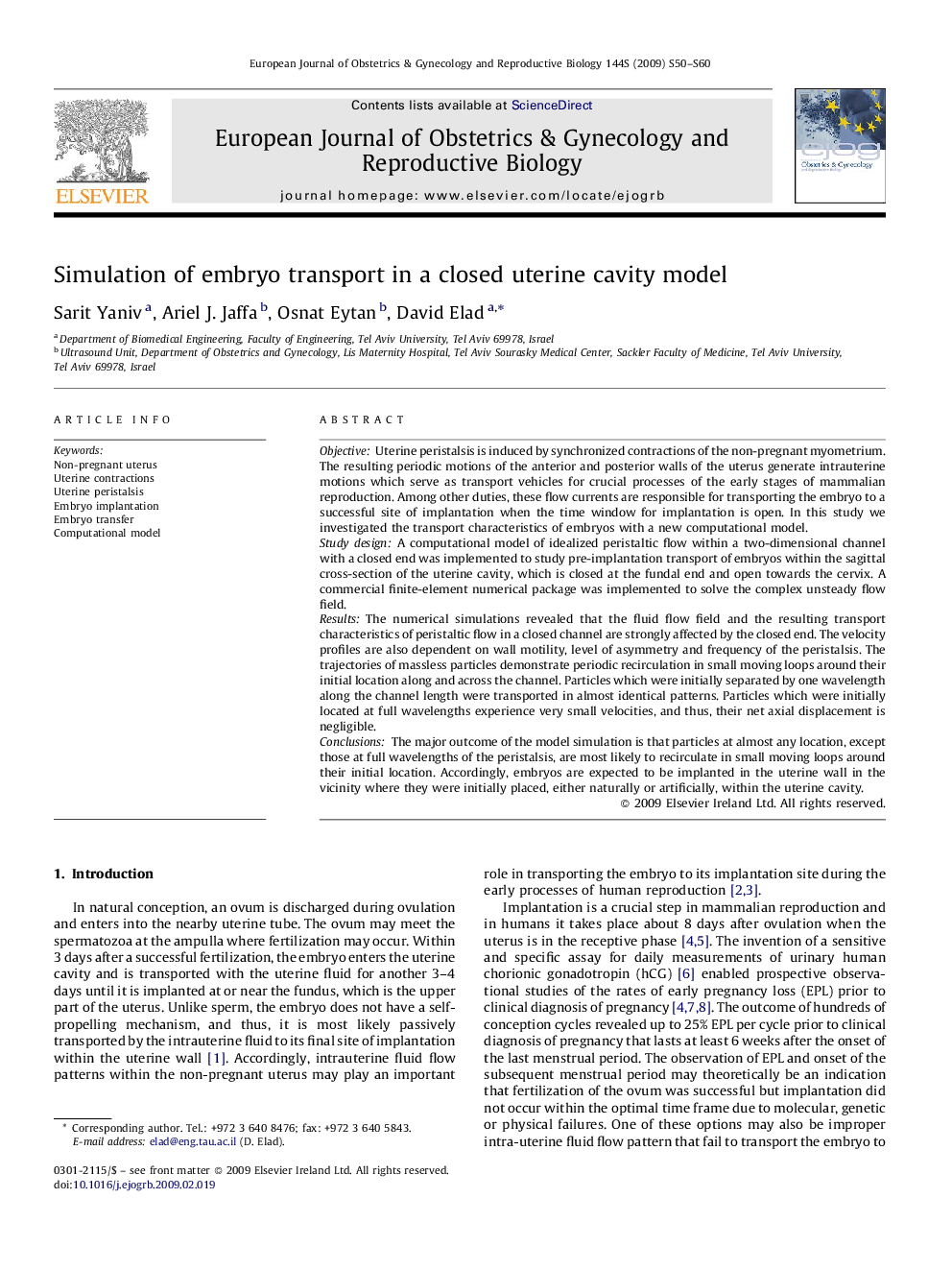 Simulation of embryo transport in a closed uterine cavity model