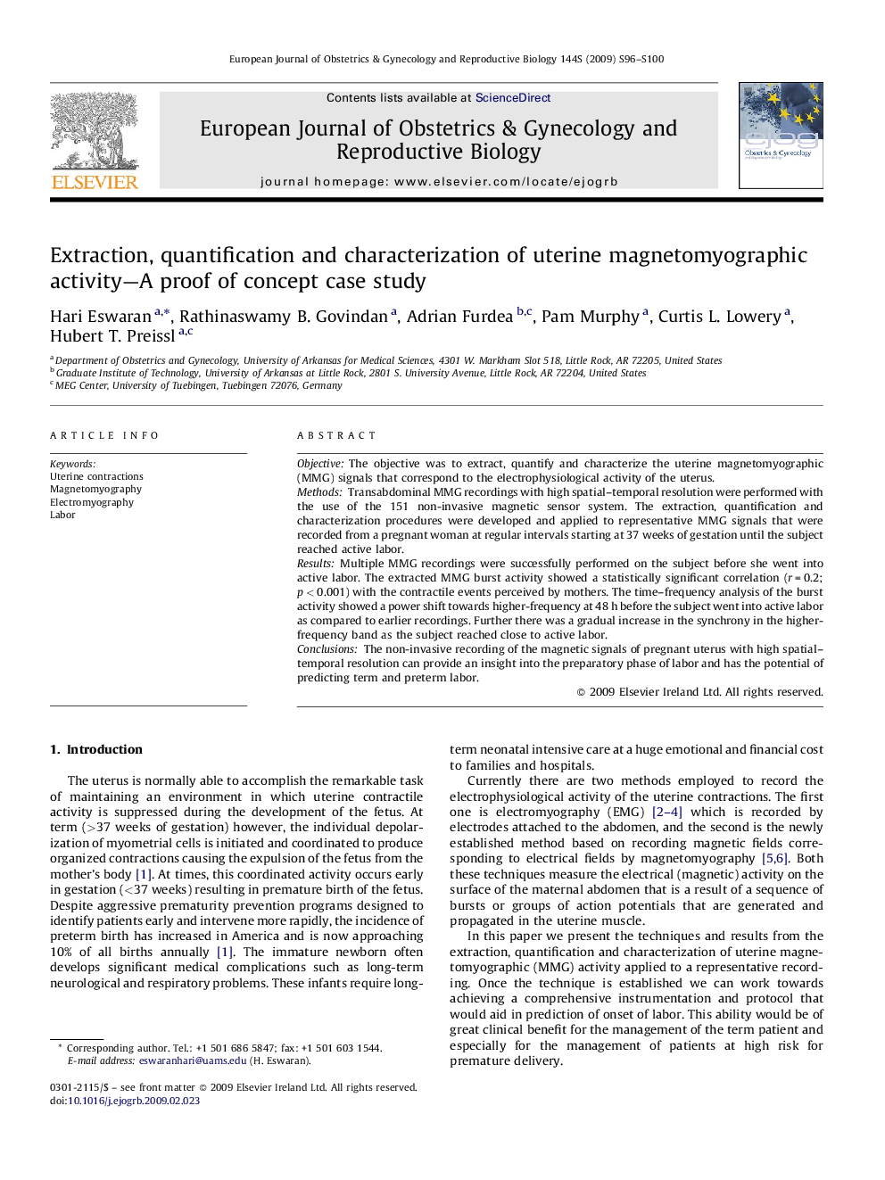 Extraction, quantification and characterization of uterine magnetomyographic activity—A proof of concept case study