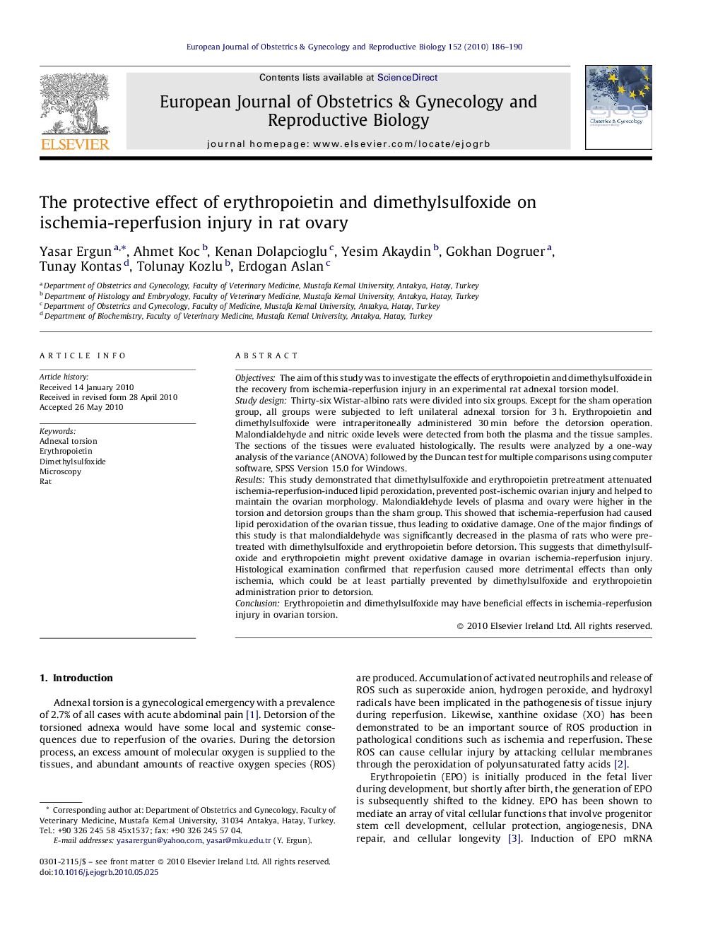 The protective effect of erythropoietin and dimethylsulfoxide on ischemia-reperfusion injury in rat ovary