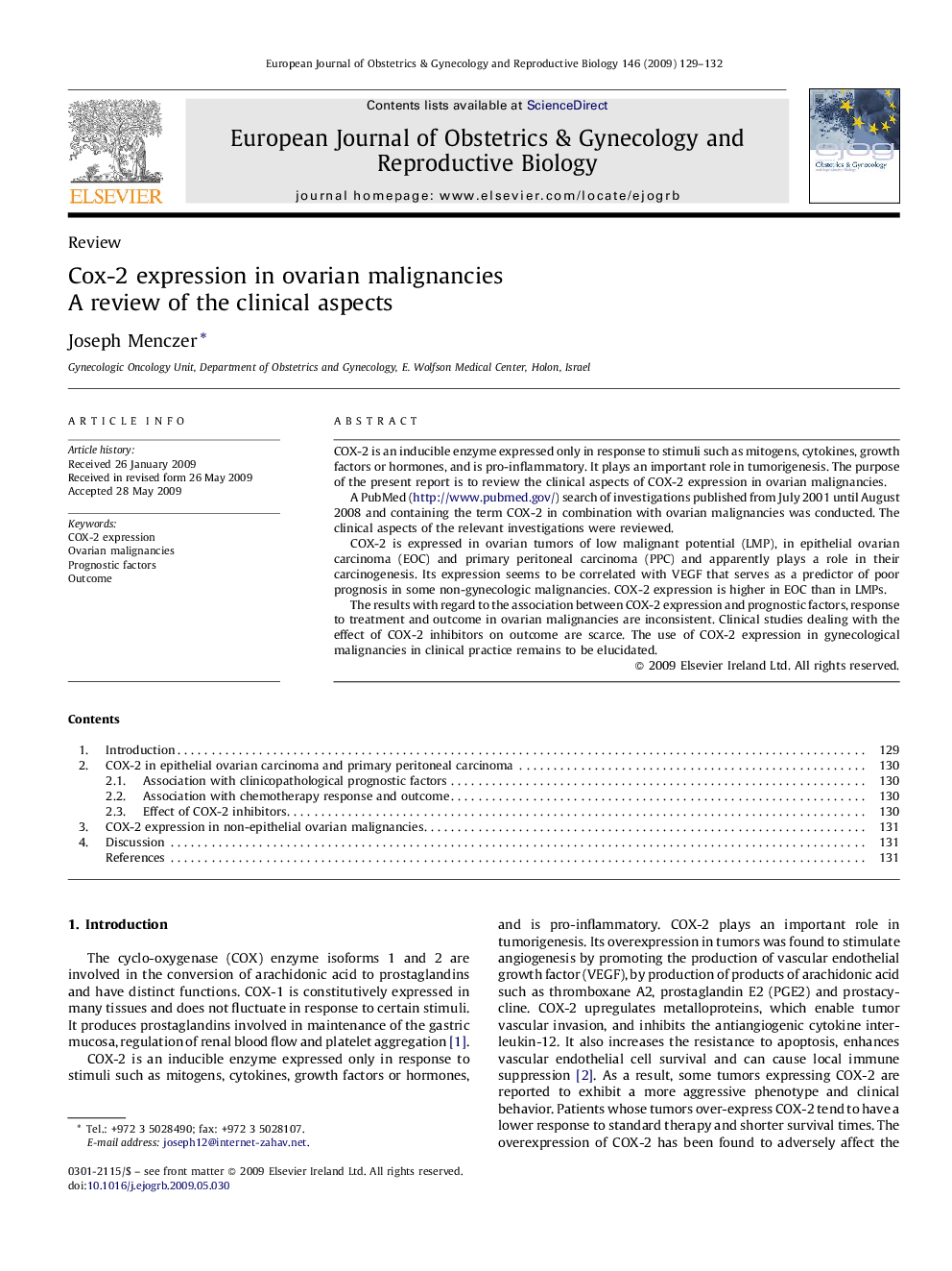 Cox-2 expression in ovarian malignancies: A review of the clinical aspects