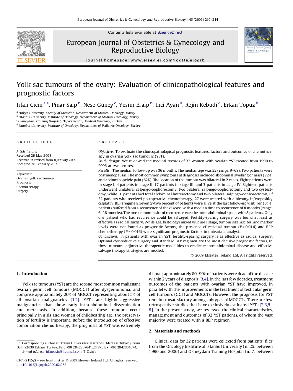Yolk sac tumours of the ovary: Evaluation of clinicopathological features and prognostic factors