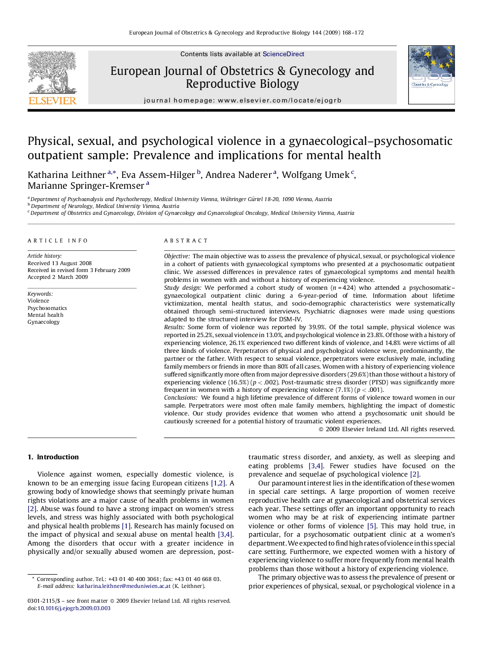 Physical, sexual, and psychological violence in a gynaecological-psychosomatic outpatient sample: Prevalence and implications for mental health