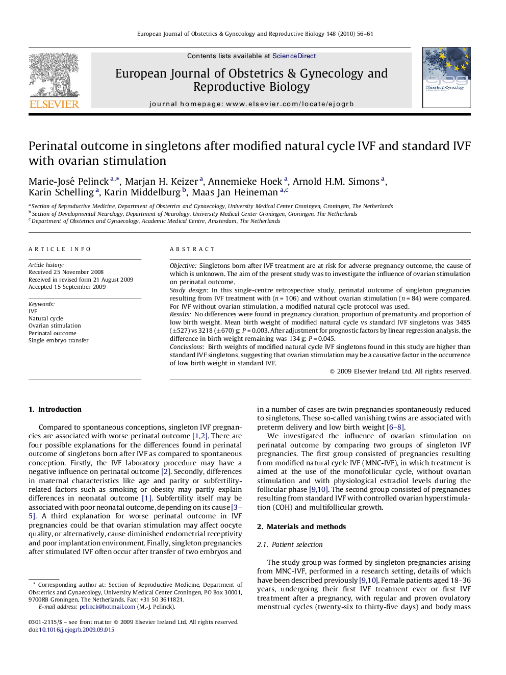 Perinatal outcome in singletons after modified natural cycle IVF and standard IVF with ovarian stimulation