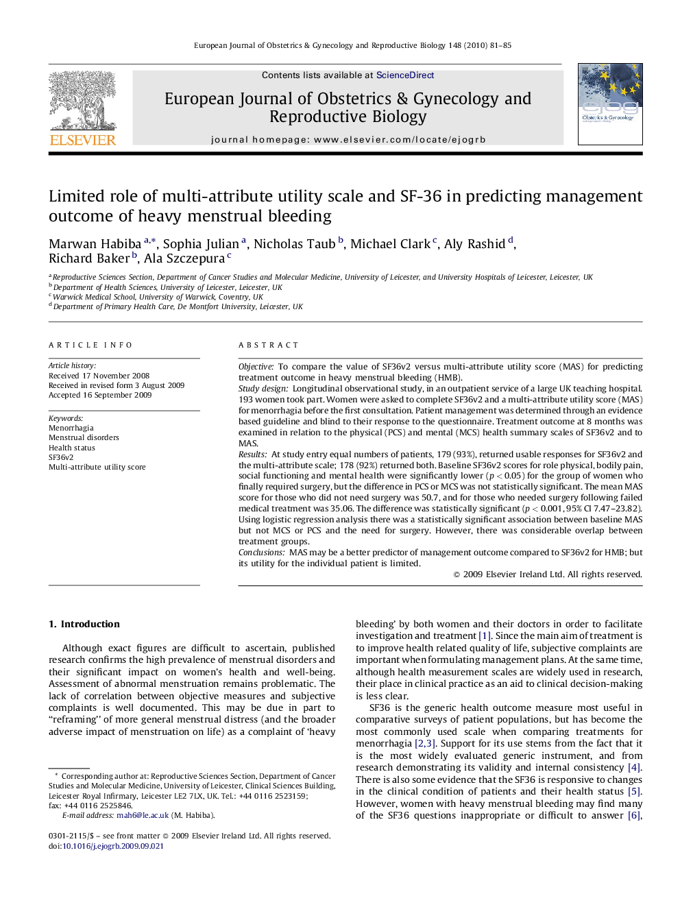 Limited role of multi-attribute utility scale and SF-36 in predicting management outcome of heavy menstrual bleeding