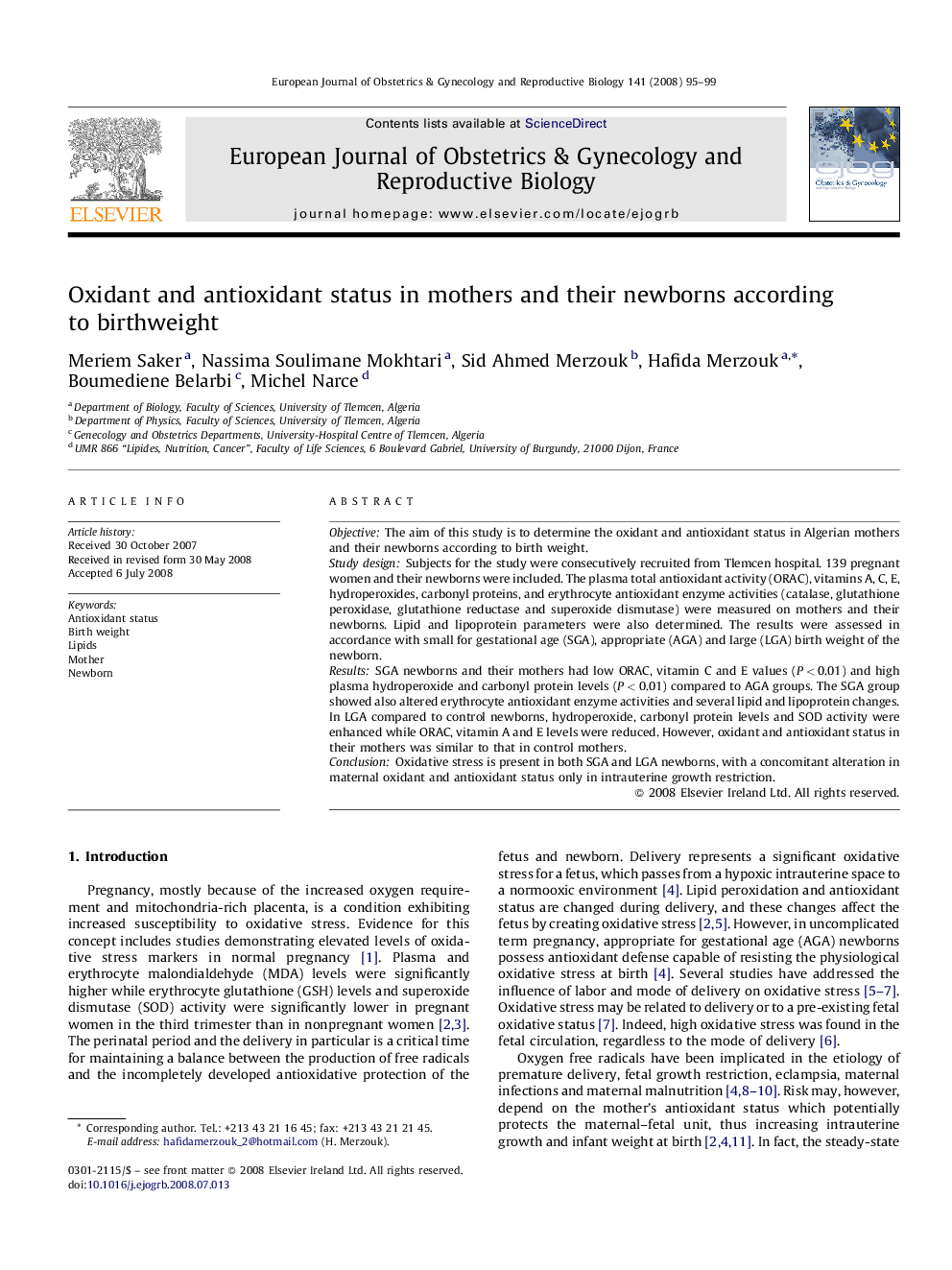 Oxidant and antioxidant status in mothers and their newborns according to birthweight