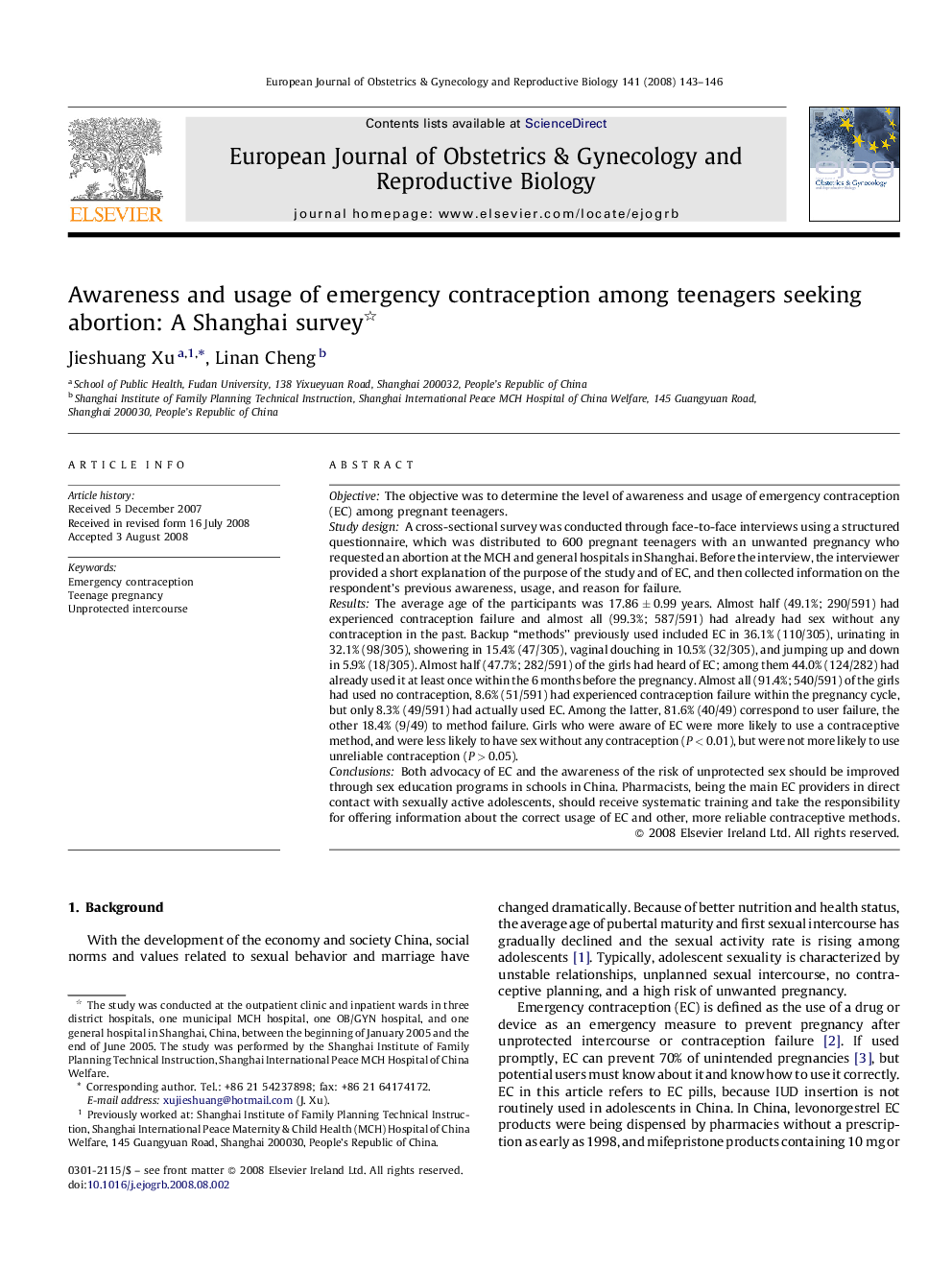 Awareness and usage of emergency contraception among teenagers seeking abortion: A Shanghai survey 