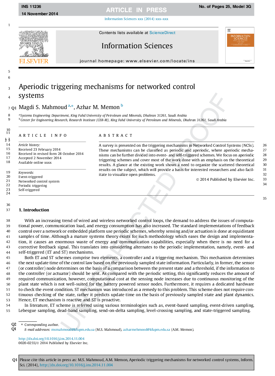 Aperiodic triggering mechanisms for networked control systems