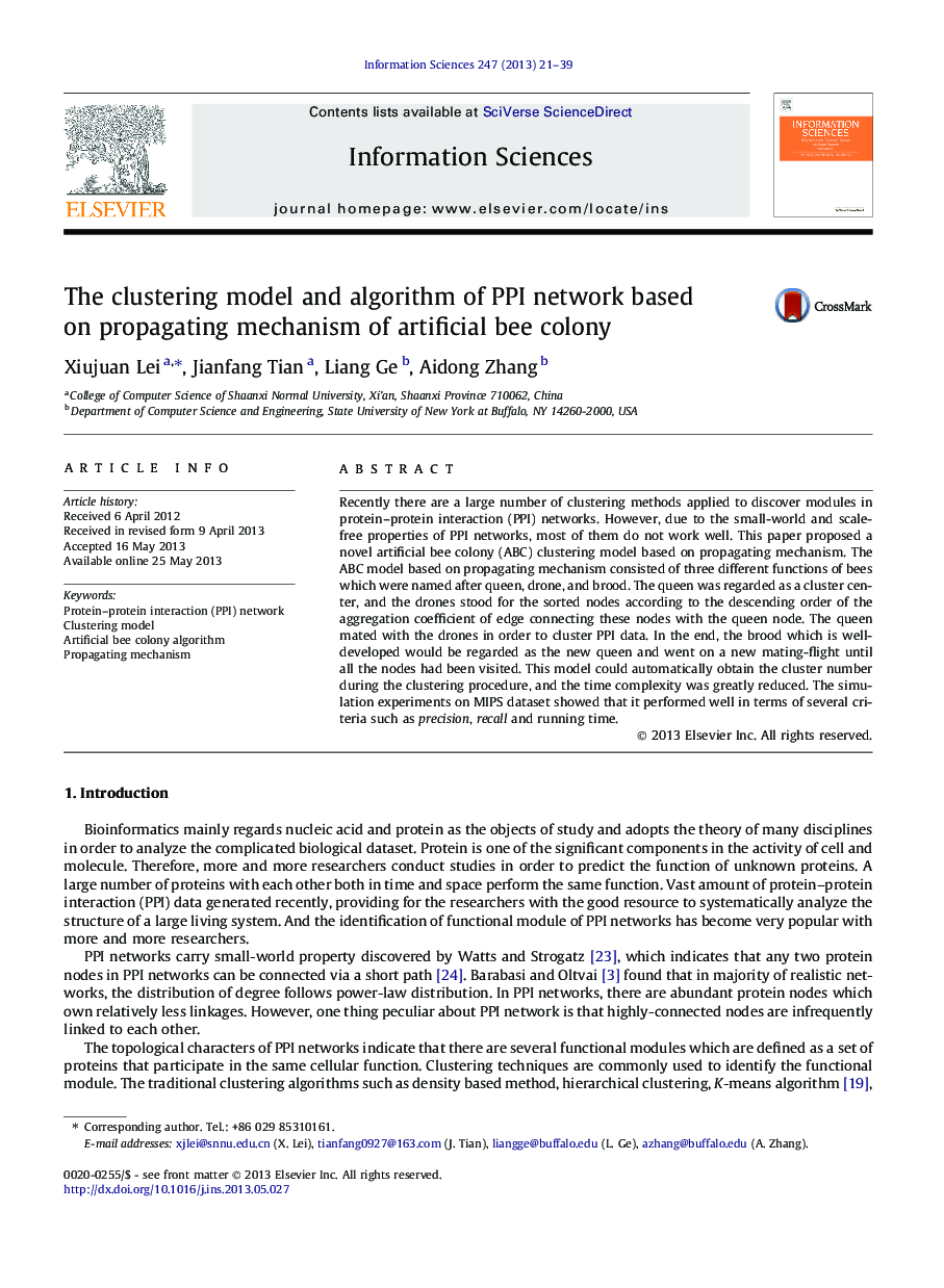 The clustering model and algorithm of PPI network based on propagating mechanism of artificial bee colony