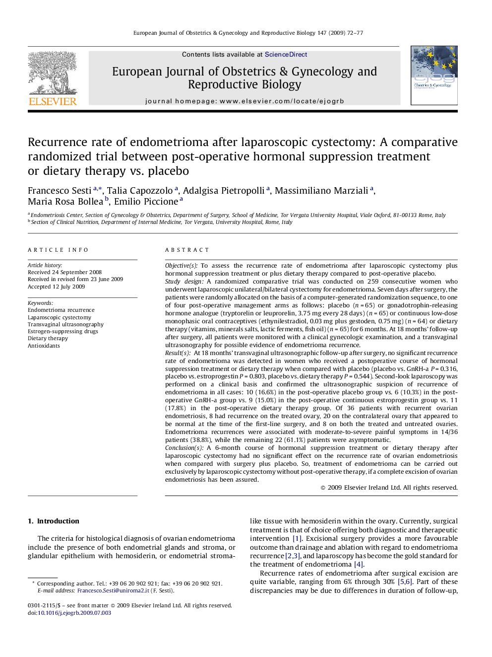 Recurrence rate of endometrioma after laparoscopic cystectomy: A comparative randomized trial between post-operative hormonal suppression treatment or dietary therapy vs. placebo