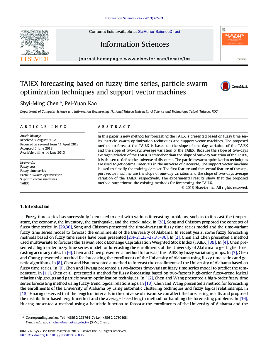 TAIEX forecasting based on fuzzy time series, particle swarm optimization techniques and support vector machines