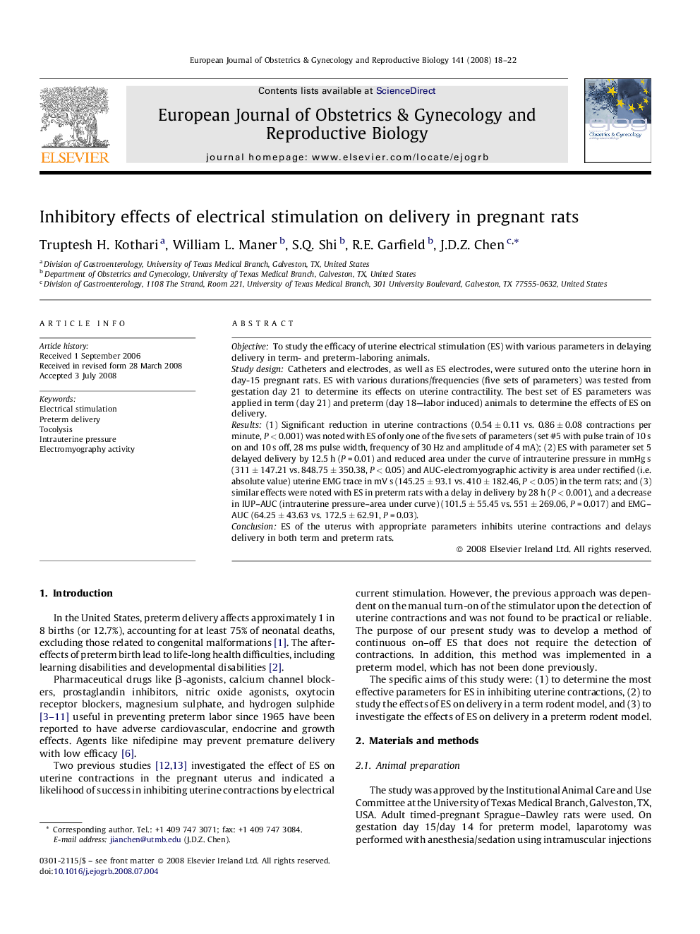 Inhibitory effects of electrical stimulation on delivery in pregnant rats