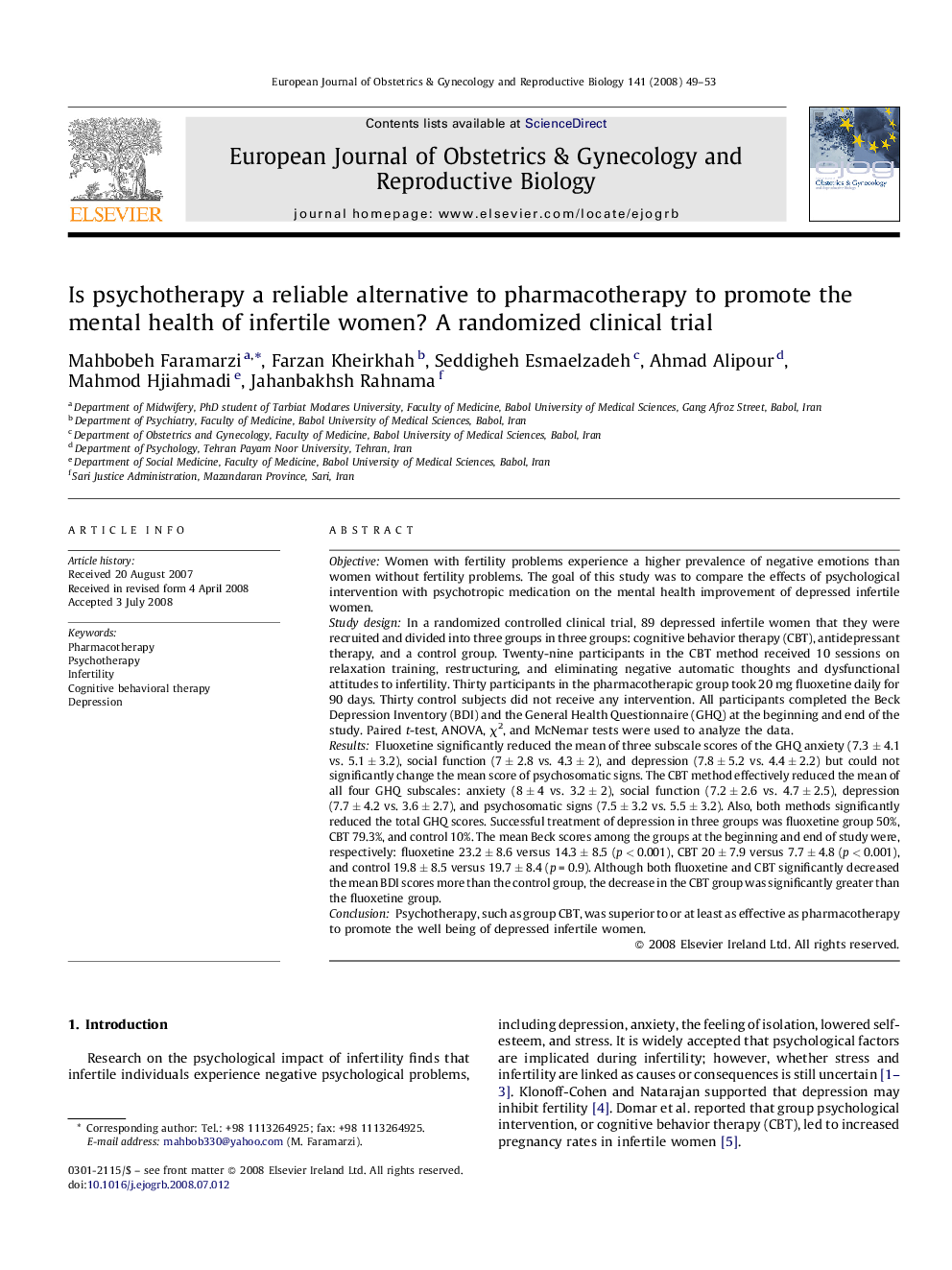 Is psychotherapy a reliable alternative to pharmacotherapy to promote the mental health of infertile women? A randomized clinical trial