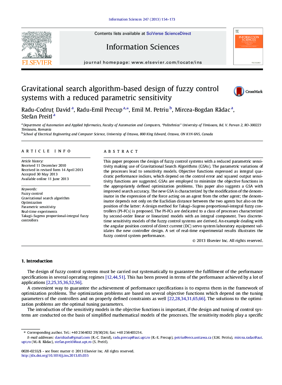 Gravitational search algorithm-based design of fuzzy control systems with a reduced parametric sensitivity