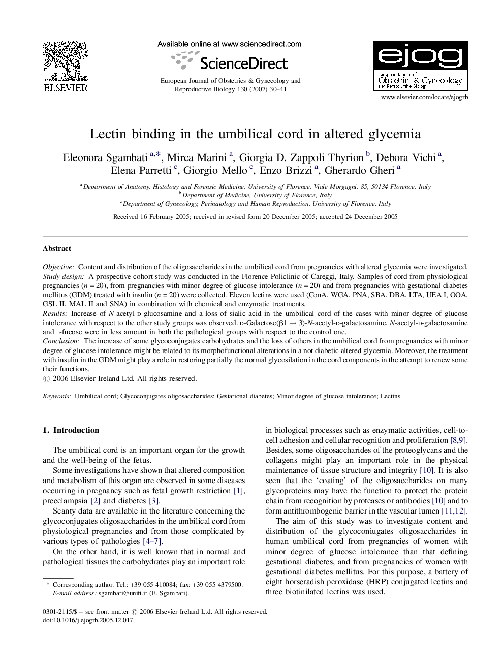 Lectin binding in the umbilical cord in altered glycemia