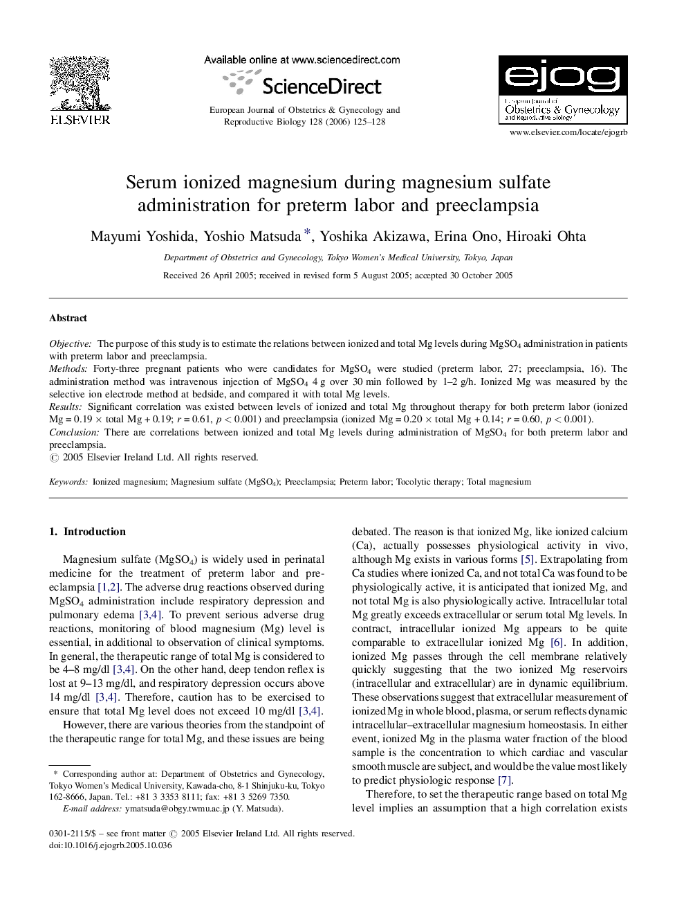 Serum ionized magnesium during magnesium sulfate administration for preterm labor and preeclampsia