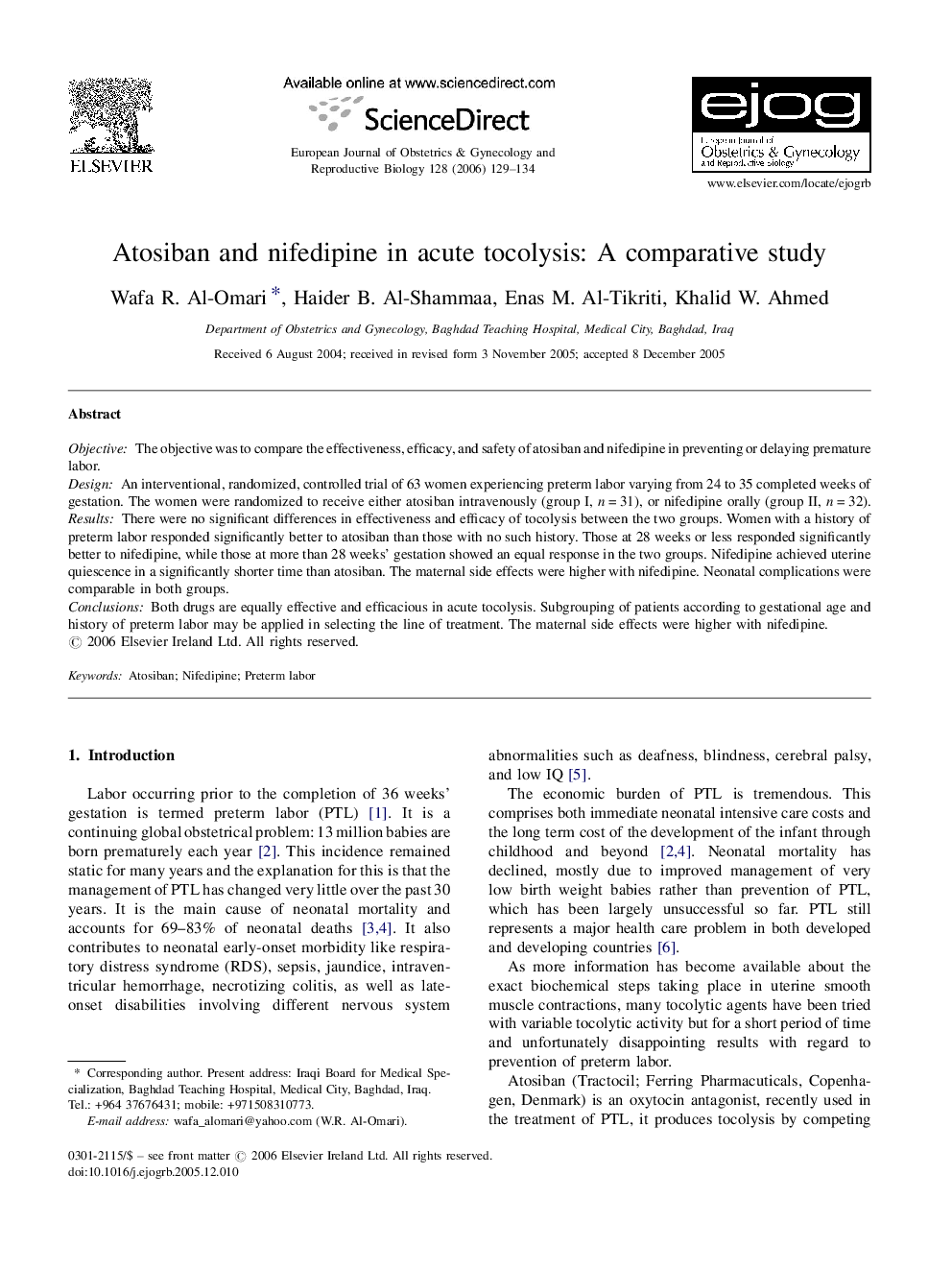 Atosiban and nifedipine in acute tocolysis: A comparative study