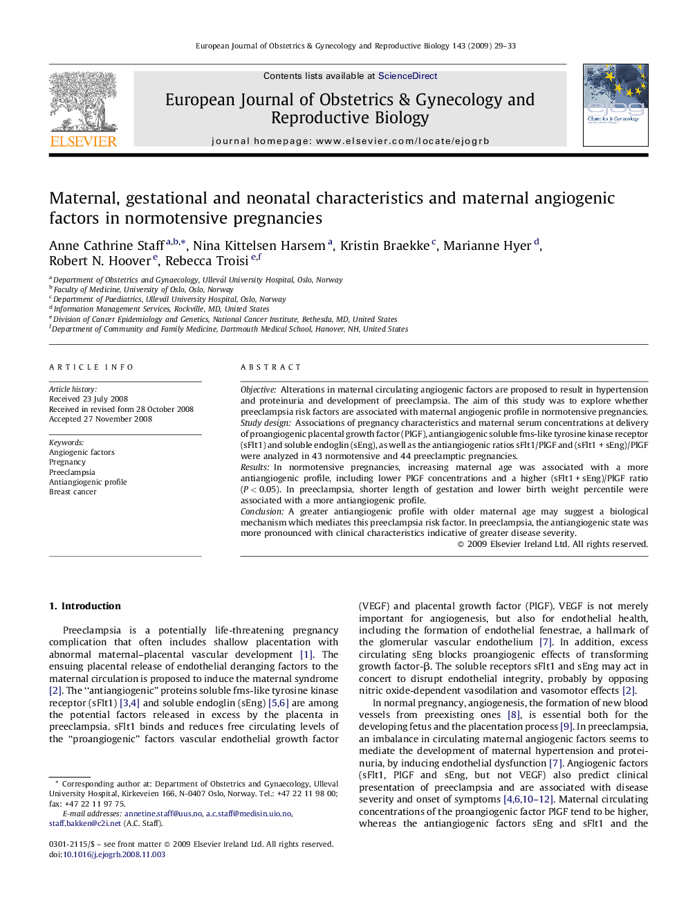 Maternal, gestational and neonatal characteristics and maternal angiogenic factors in normotensive pregnancies