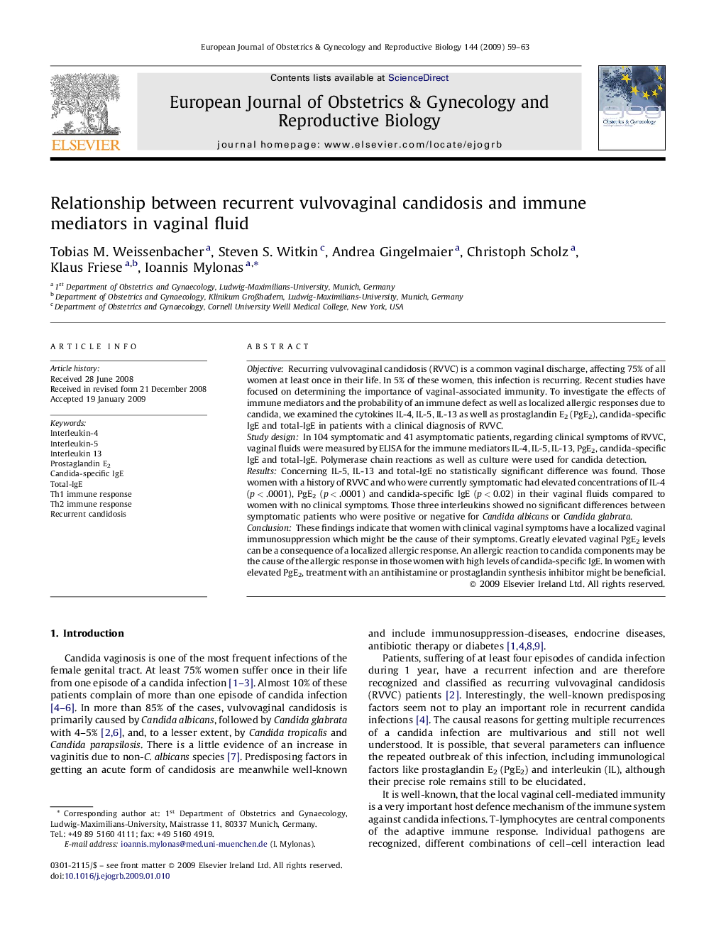 Relationship between recurrent vulvovaginal candidosis and immune mediators in vaginal fluid