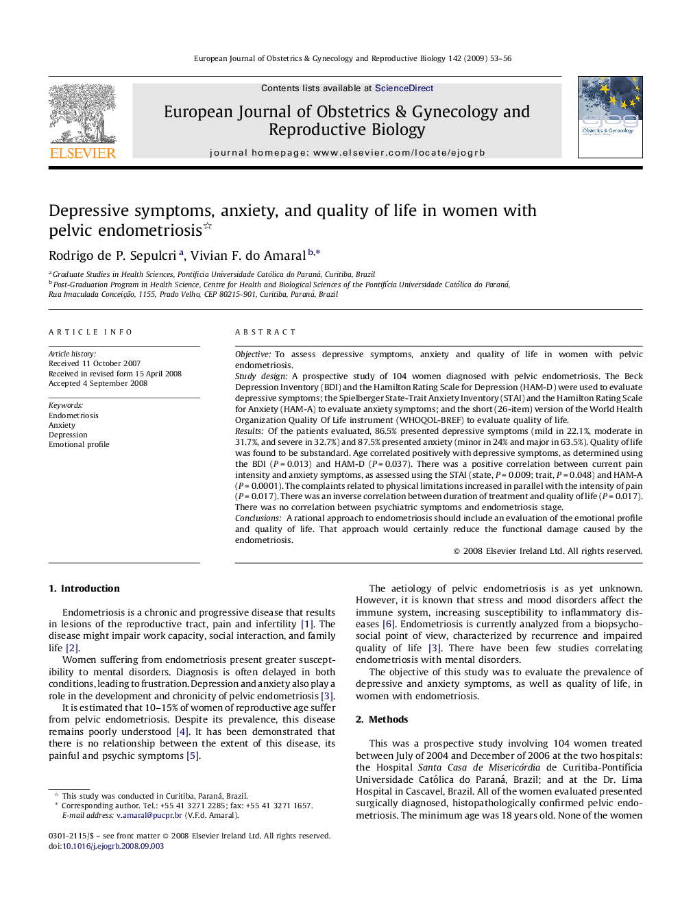 Depressive symptoms, anxiety, and quality of life in women with pelvic endometriosis 