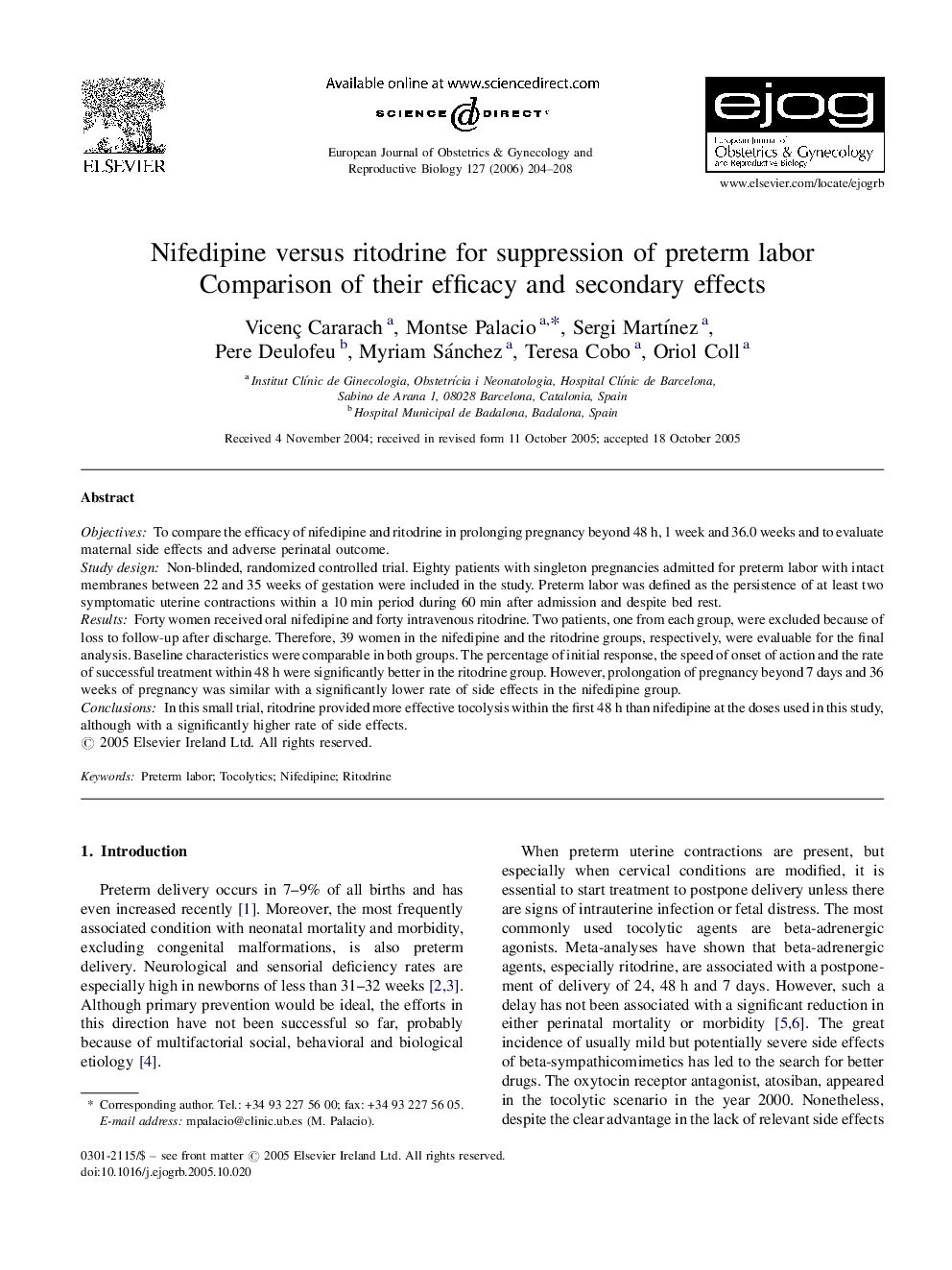 Nifedipine versus ritodrine for suppression of preterm labor: Comparison of their efficacy and secondary effects