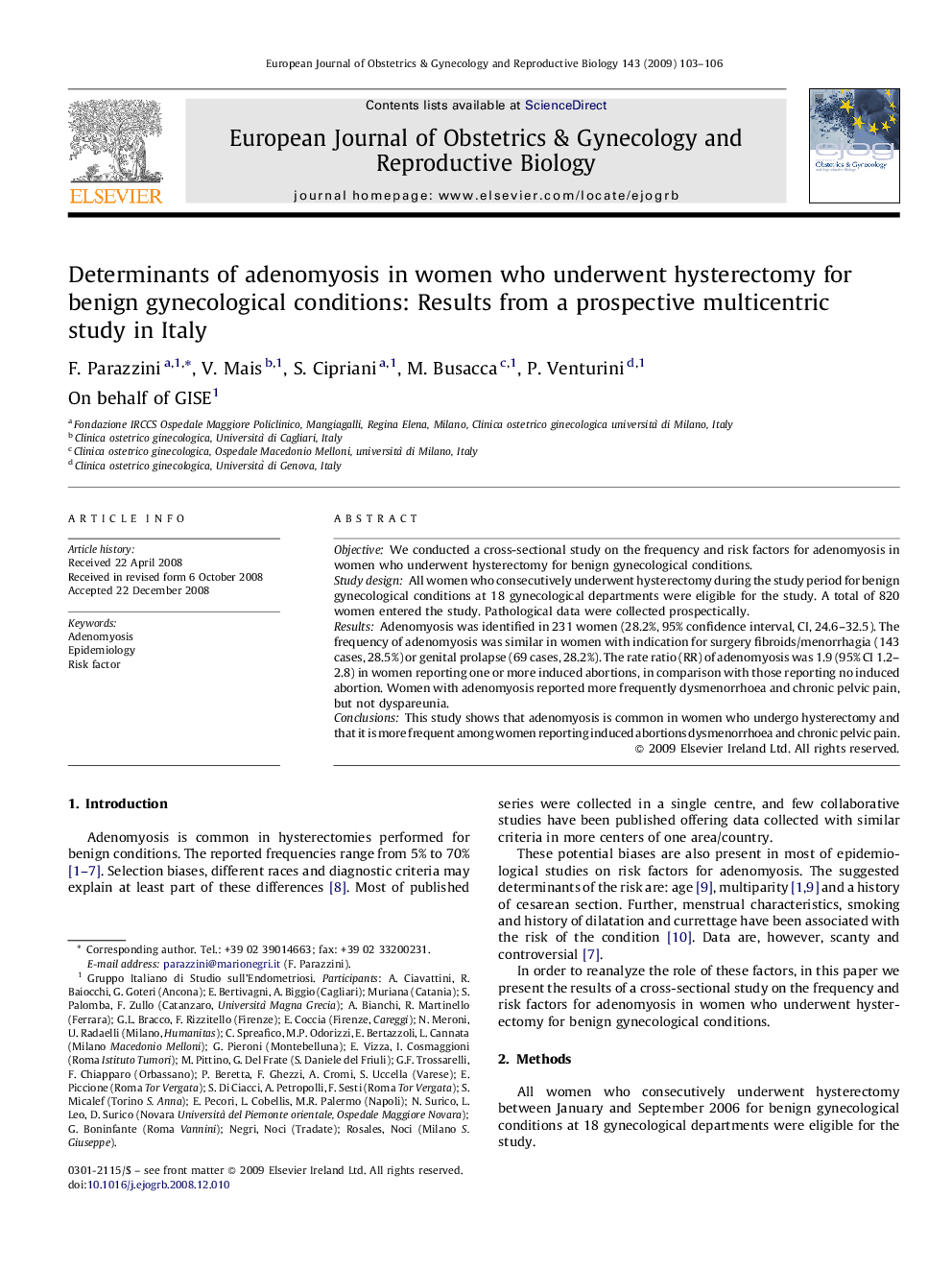 Determinants of adenomyosis in women who underwent hysterectomy for benign gynecological conditions: Results from a prospective multicentric study in Italy