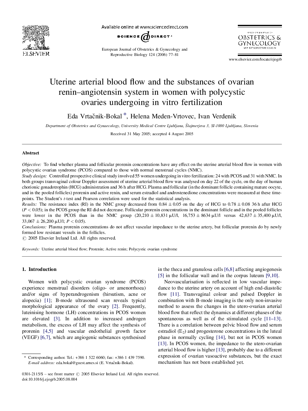 Uterine arterial blood flow and the substances of ovarian renin–angiotensin system in women with polycystic ovaries undergoing in vitro fertilization