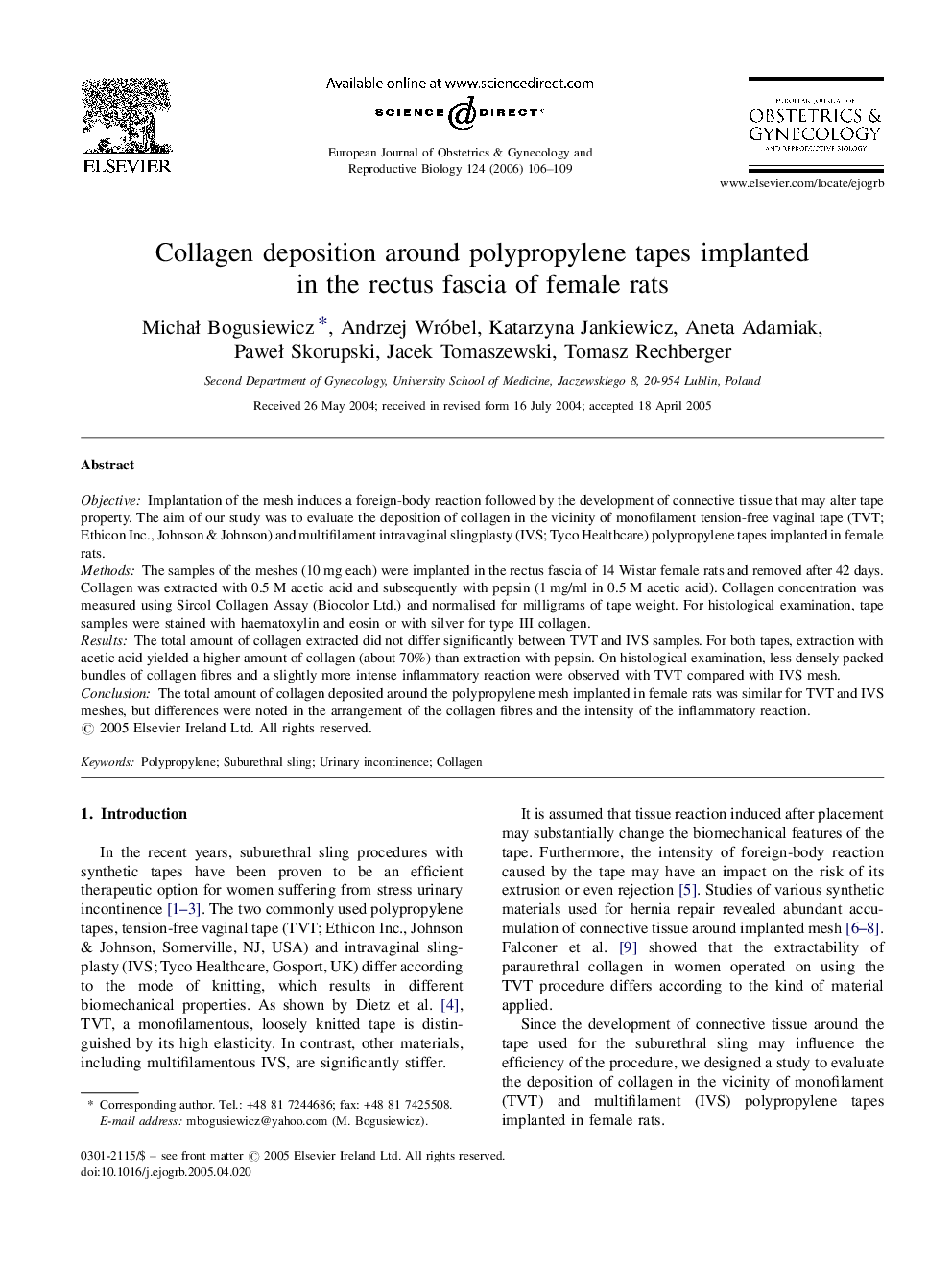 Collagen deposition around polypropylene tapes implanted in the rectus fascia of female rats