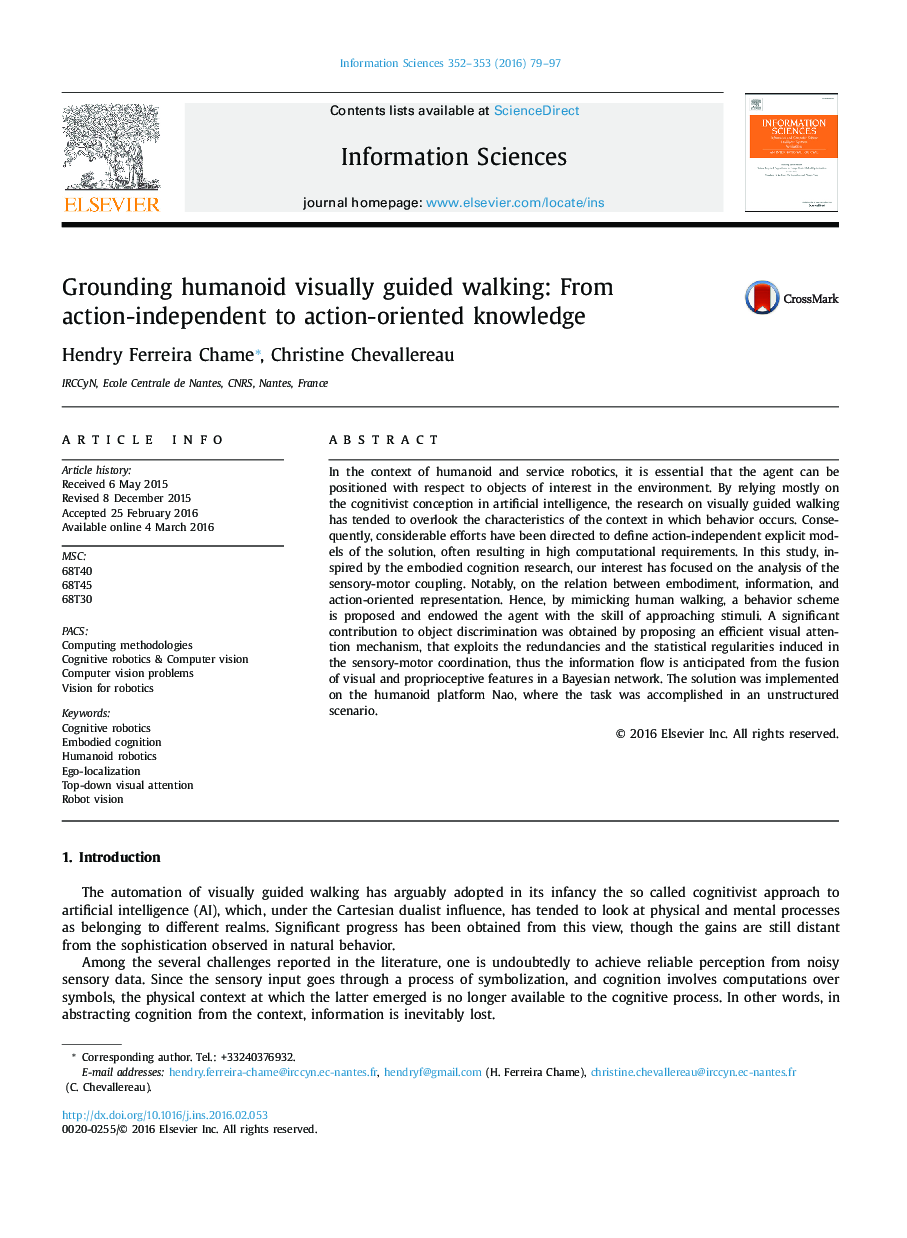 عکس صفحه اول مقاله: Grounding humanoid visually guided walking: From action-independent to action-oriented knowledge Grounding humanoid visually guided walking: From action-independent to action-oriented knowledge