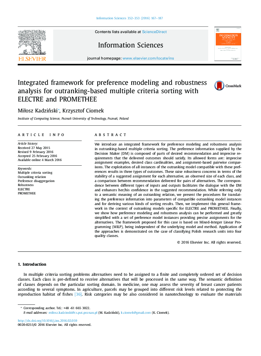 Integrated framework for preference modeling and robustness analysis for outranking-based multiple criteria sorting with ELECTRE and PROMETHEE