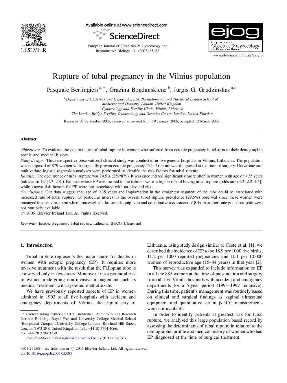 Rupture of tubal pregnancy in the Vilnius population