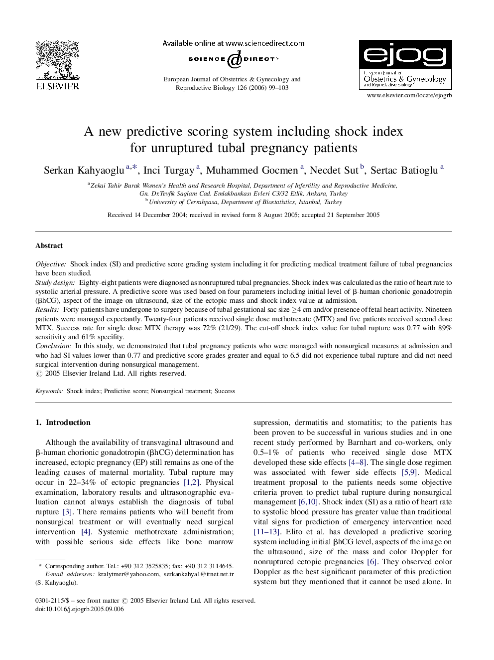 A new predictive scoring system including shock index for unruptured tubal pregnancy patients