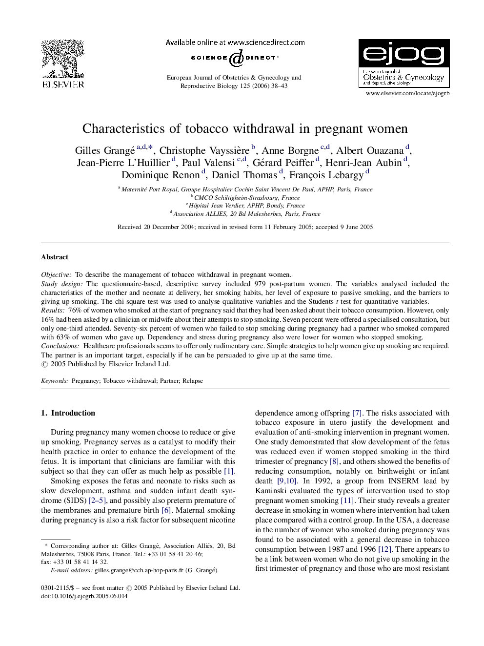 Characteristics of tobacco withdrawal in pregnant women