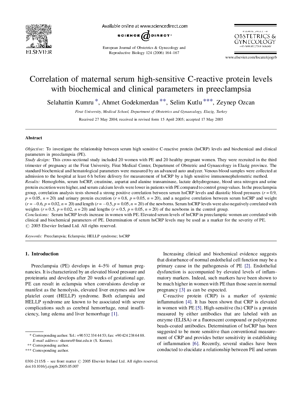 Correlation of maternal serum high-sensitive C-reactive protein levels with biochemical and clinical parameters in preeclampsia