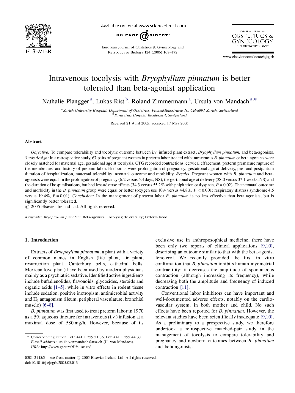 Intravenous tocolysis with Bryophyllum pinnatum is better tolerated than beta-agonist application