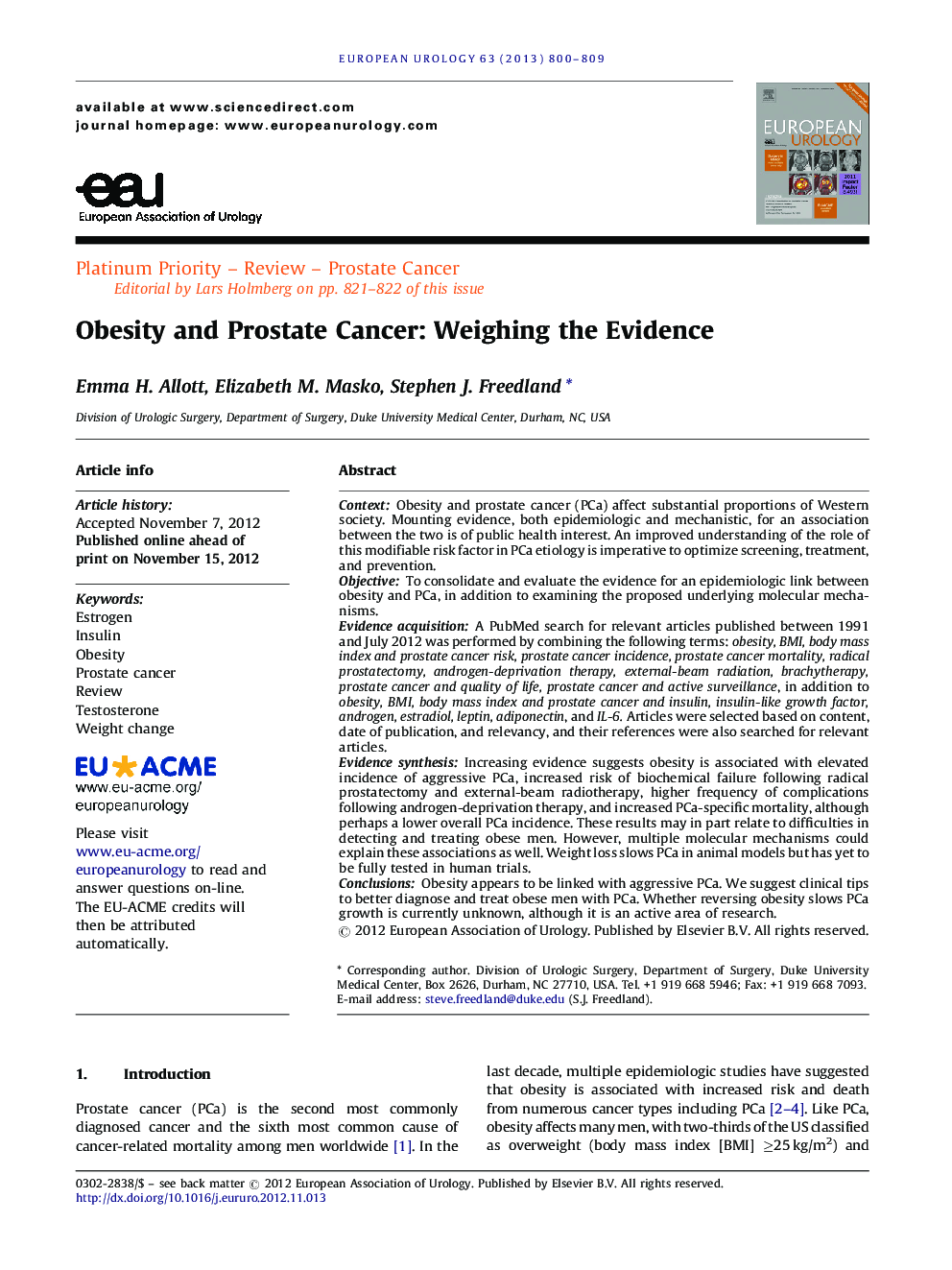Obesity and Prostate Cancer: Weighing the Evidence 