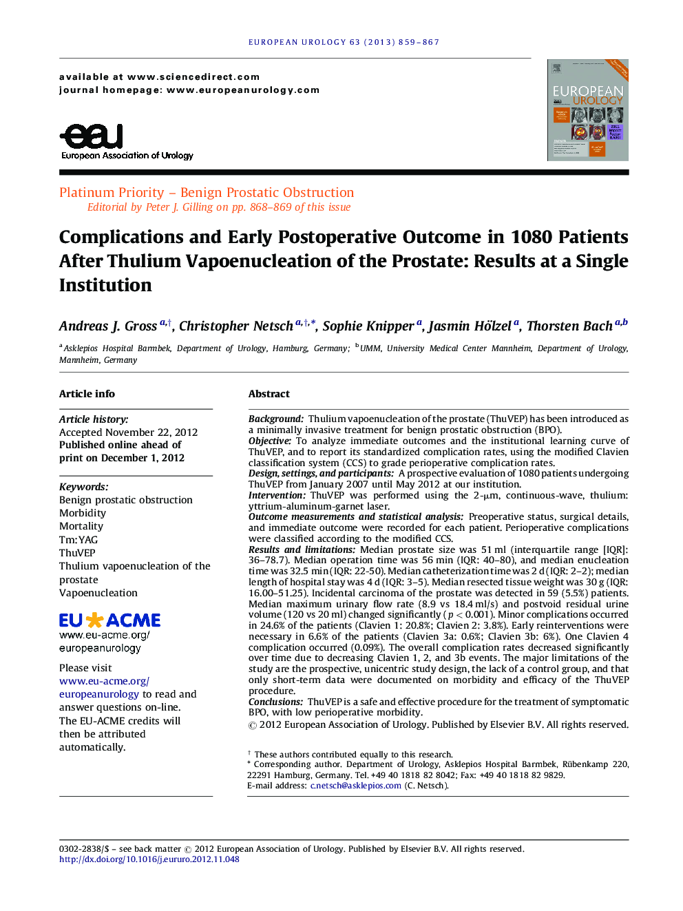 Complications and Early Postoperative Outcome in 1080 Patients After Thulium Vapoenucleation of the Prostate: Results at a Single Institution 