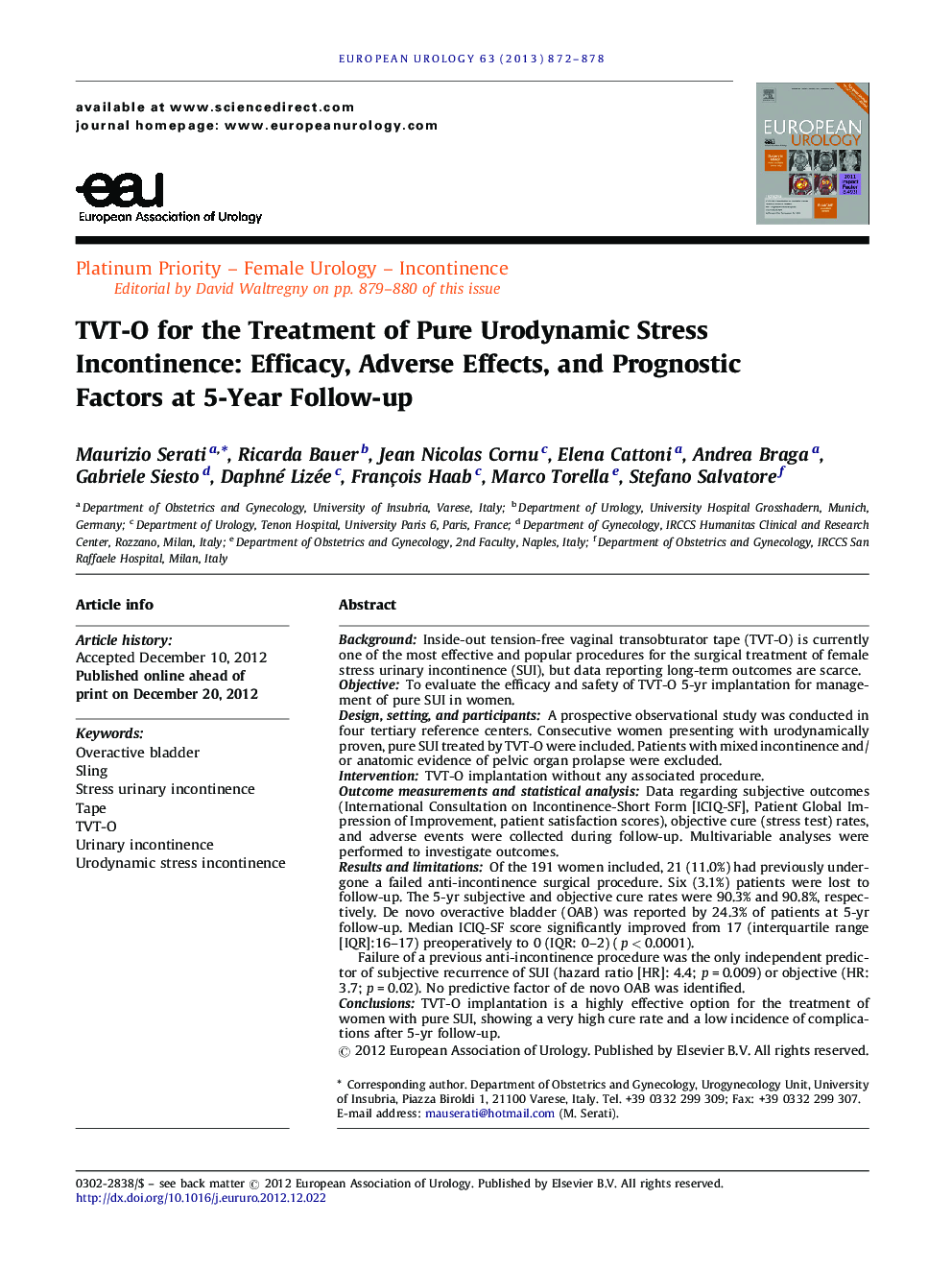 TVT-O for the Treatment of Pure Urodynamic Stress Incontinence: Efficacy, Adverse Effects, and Prognostic Factors at 5-Year Follow-up