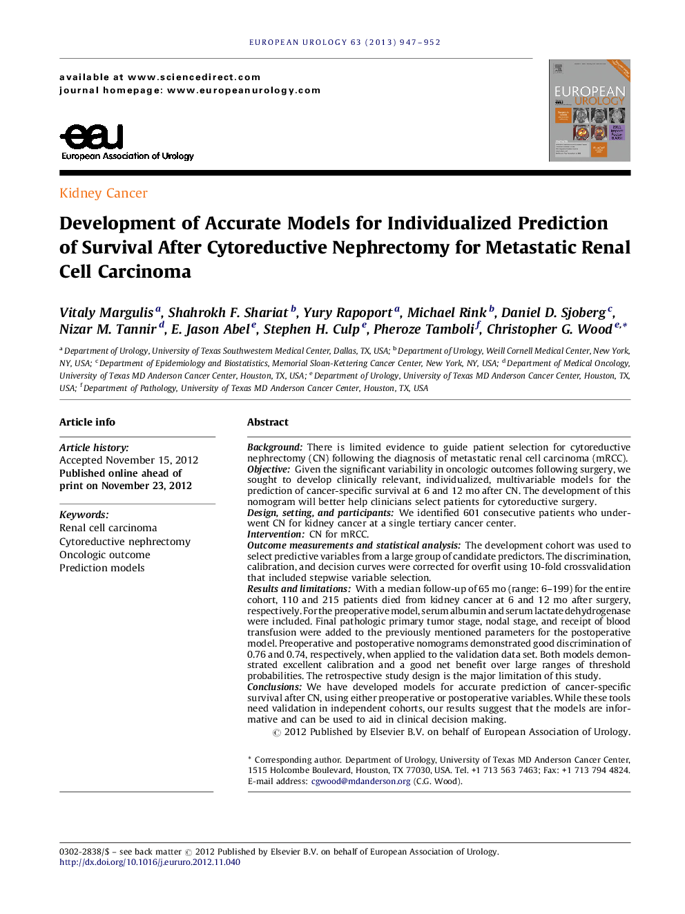 Development of Accurate Models for Individualized Prediction of Survival After Cytoreductive Nephrectomy for Metastatic Renal Cell Carcinoma