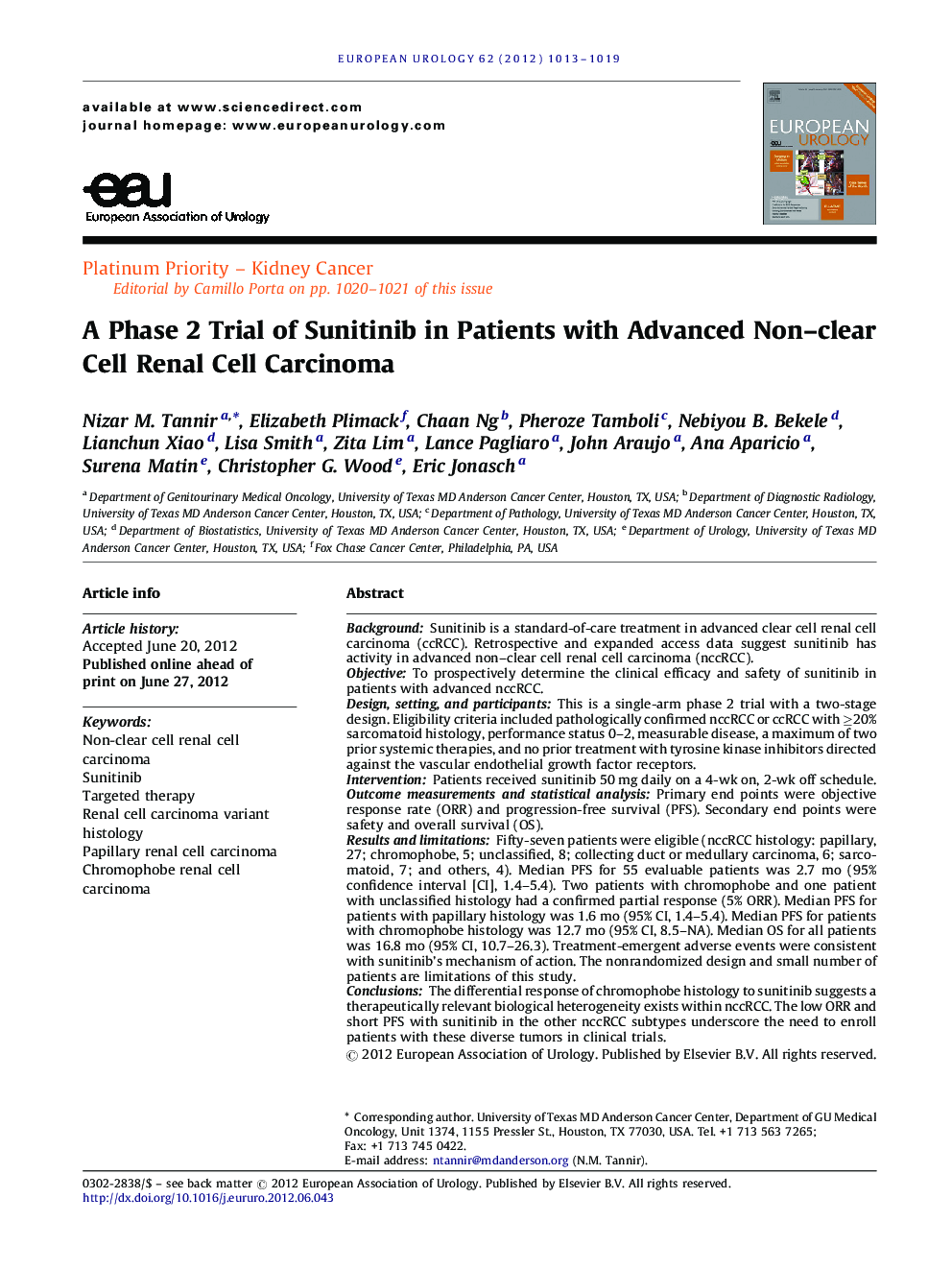 A Phase 2 Trial of Sunitinib in Patients with Advanced Non–clear Cell Renal Cell Carcinoma