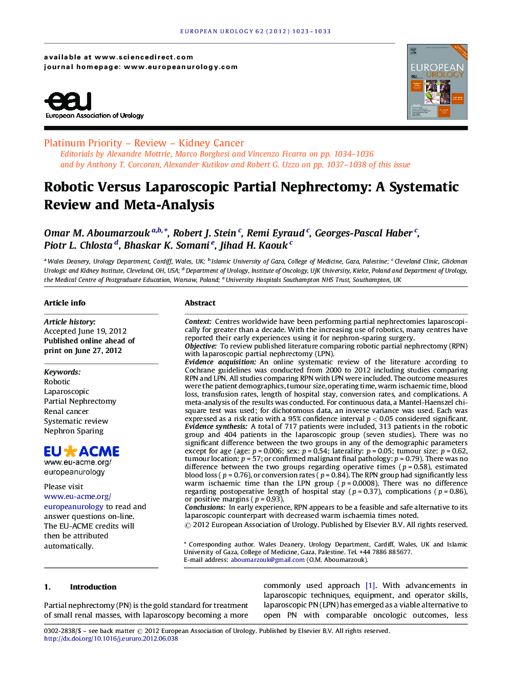 Robotic Versus Laparoscopic Partial Nephrectomy: A Systematic Review and Meta-Analysis 