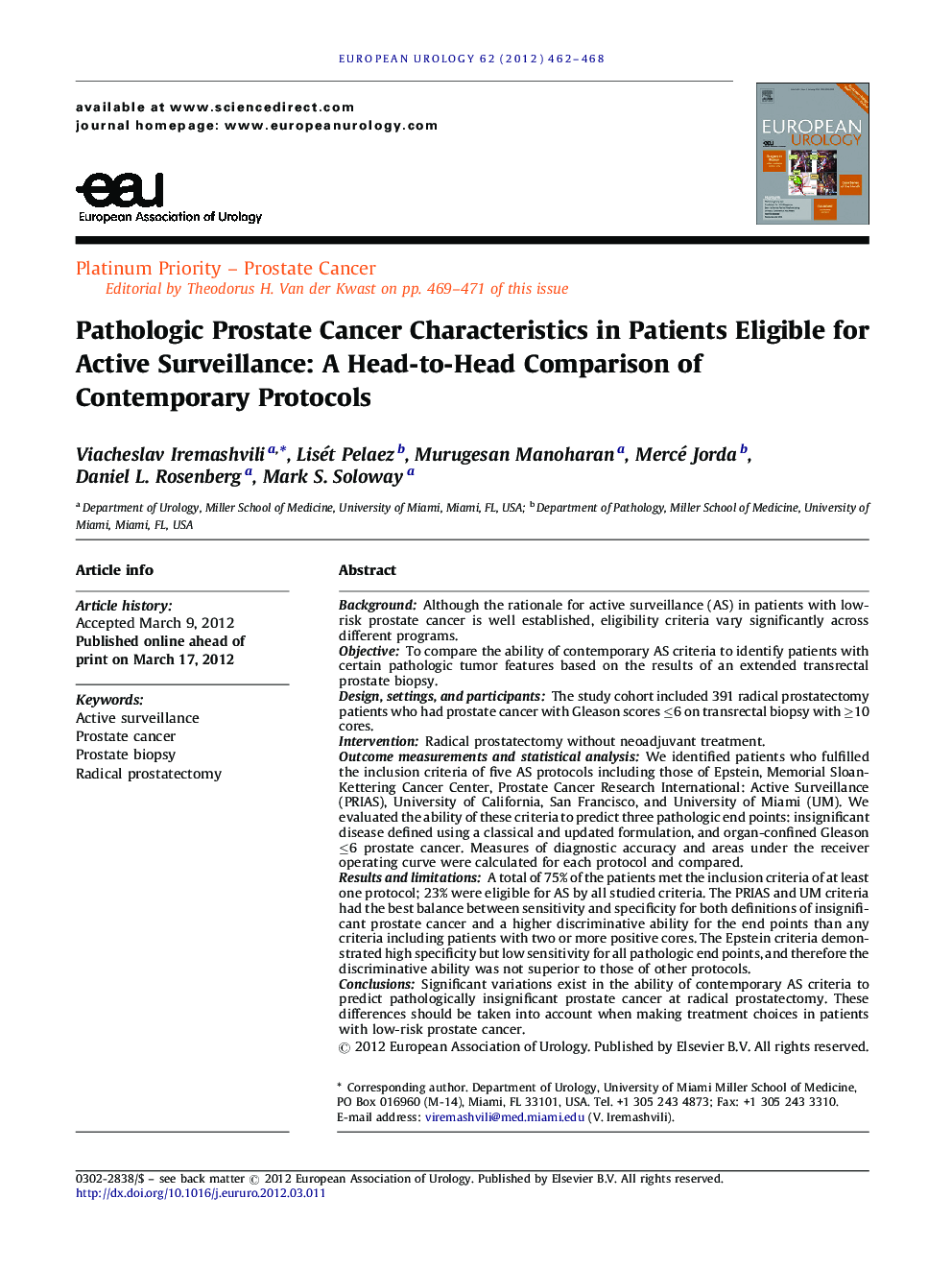 Pathologic Prostate Cancer Characteristics in Patients Eligible for Active Surveillance: A Head-to-Head Comparison of Contemporary Protocols