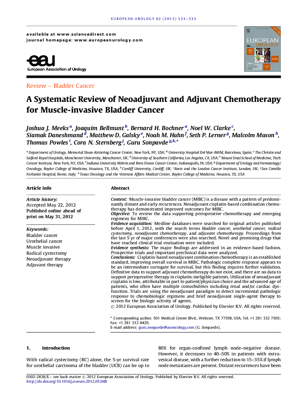 A Systematic Review of Neoadjuvant and Adjuvant Chemotherapy for Muscle-invasive Bladder Cancer